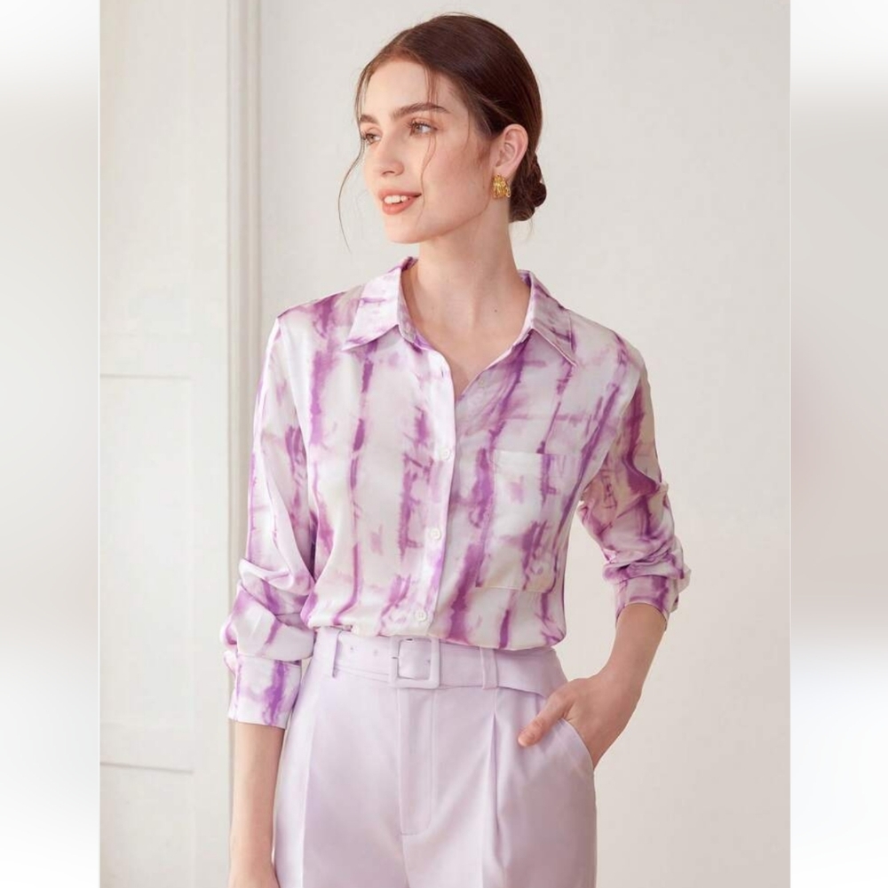 Women's SHEIN MOTF button down purple/white tie dye straight silk shirt